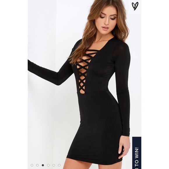Black Lace Up Plunging Neckline Bodycon Minidress - Picture 2 of 8